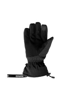 Zwarte geïsoleerde handschoen met een getextureerde palm, een gladde achterkant, een elastische pols en een verstelbare band. Geschikt voor activiteiten in koud weer.