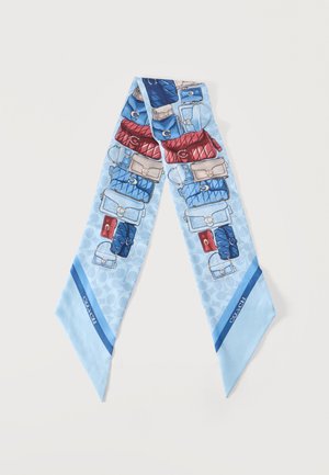 Sciarpa di seta azzurro chiaro con illustrazioni di borse multicolore e bordi blu scuro con la scritta "Coach".