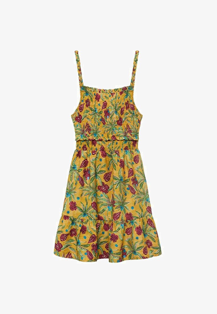 Obleka s cvetličnim motivom z tanjšimi naramnicami; ima rumeno podlago, nabran trup in večplastno krilo. Okrašena je z zelenimi listi in rdečimi jagodami.