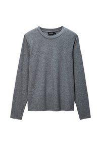 T-shirt gris à manches longues en tissu doux, avec un col rond et une coupe décontractée, sans motifs ni accents distincts.