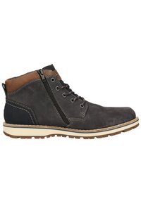 Herren-Ankle-Boots aus grauem Leder mit braunen Akzenten, runder Zehenform, Schnür- und Reißverschluss, sowie einer strukturierten Gummisohle für gute Traktion.