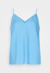 Camisola sem mangas de um azul claro, feita em tecido suave, com um design de decote em V e alças finas. Corte reto com um caimento relaxado.