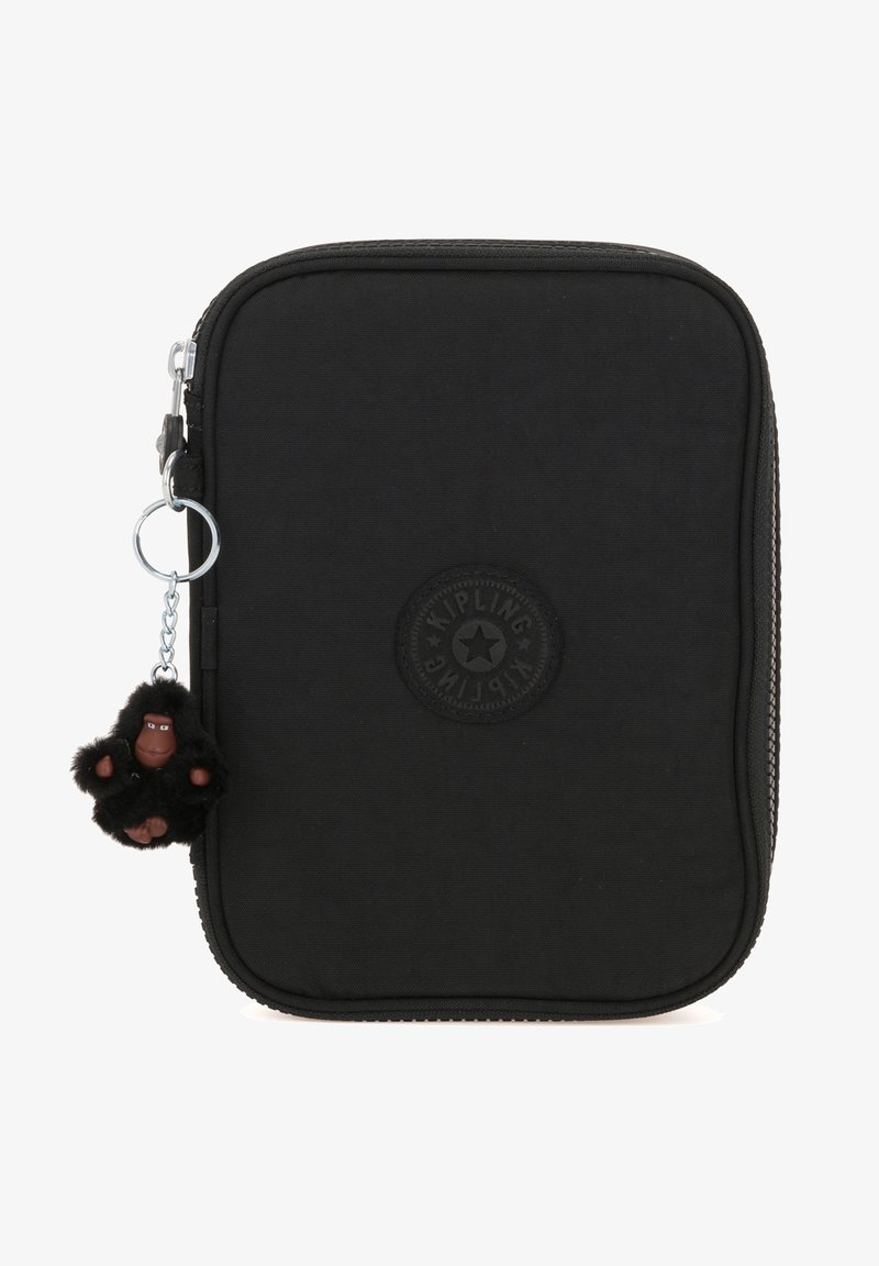 Black fabric zippered case featuring a round logo, with a small furry monkey charm attached to the zipper pull. Compact and rectangular design.
