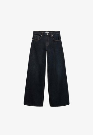 Jeans in denim scuro a gamba larga con vita alta, caratterizzati da cuciture a contrasto, tasche anteriori e un design minimalista.