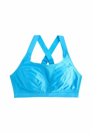 Leuchtend blauer Sport-BH mit breiten, gekreuzten Trägern und stützenden Nahtlinien an den Cups, flach auf weißem Hintergrund dargestellt.