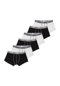 Sei paia di boxer da uomo in cotone, nei colori nero e bianco, con una cintura elastica grigia con logo e design aderente.