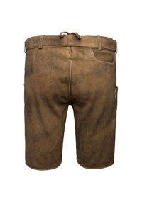 Braune Leder Shorts mit glatter Textur, die einen Bund mit Bindeband, Gesäßtaschen und eine Seitentasche für zusätzlichen Nutzen aufweisen.