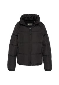 Sort polstret jakke med høj krave, lynlås og to sidelommer. Den har en glat yderside og ribstrikkede manchetter.