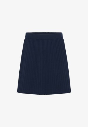 Navy blue pleated skirt with a high waistband, made of a textured fabric, featuring vertical stripes for added detail.
