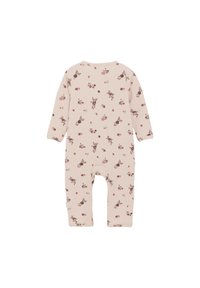 Babystrampler aus geripptem Stoff in zartem Rosa, mit floralem Muster von kleinen Rosen und Blättern, verfügt über lange Ärmel und ist ohne Füße.