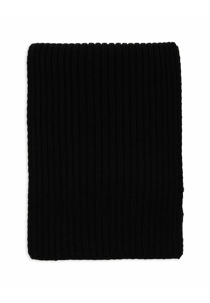 Sciarpa nera a coste con una texture morbida e cuciture regolari, di forma rettangolare per opzioni di styling versatili.