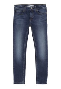 Jeans de mezclilla azul oscuro con una textura suave, diseño ajustado, estilo de cinco bolsillos y un sutil desgastado en los muslos. Cuenta con un cierre de botón en la parte delantera.