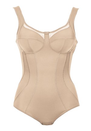 Beige one-piece bodysuit with molded cups, adjustable straps, and a sheer mesh panel at the top, featuring smooth texture and minimalist design.