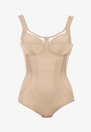 Beige one-piece bodysuit with molded cups, adjustable straps, and a sheer mesh panel at the top, featuring smooth texture and minimalist design.