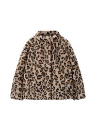 Nepvachtjack met een bruin en zwart luipaardprint, lange mouwen en hoge kraag, plat neergelegd op een witte achtergrond.