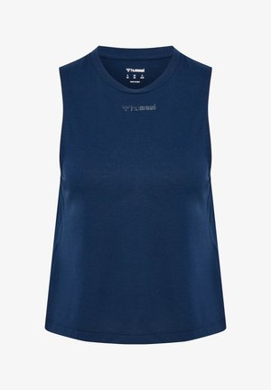 Marineblå ærmeløs sportstanktop med rund hals og "hummel"-logo trykt foran i midten under kraven.