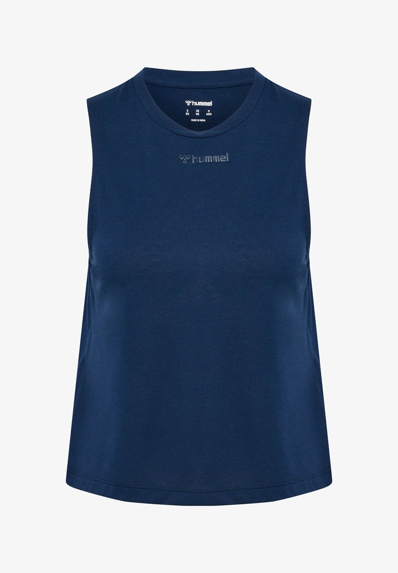 Marineblaues ärmelloses Sport-Top mit rundem Ausschnitt und "hummel"-Logo, gedruckt auf der Vorderseite in der Mitte unterhalb des Kragens.