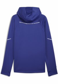 Felpa con cappuccio di un blu intenso, con tessuto testurizzato, dettagli riflettenti e maniche allungate. Presenta un cappuccio con cordino e un design minimalista.