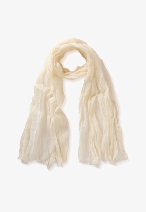 Sciarpa leggera beige chiaro con texture arricciata, allentata con bordi sfrangiati su sfondo bianco.