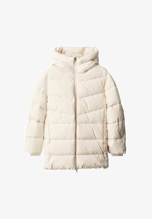 Hoodie-puffer takki kerma värvissä, joka on varustettu vetoketjulla ja tikatulla designilla. Pehmeä rakenne, jossa on leveät vaakasuorat paneelit ja tiputettu olkalinja.
