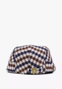 Cappello di tessuto a quadri marrone, blu marino e bianco; texture morbida; presenta un'etichetta quadrata; forma arrotondata con visiera rigida.