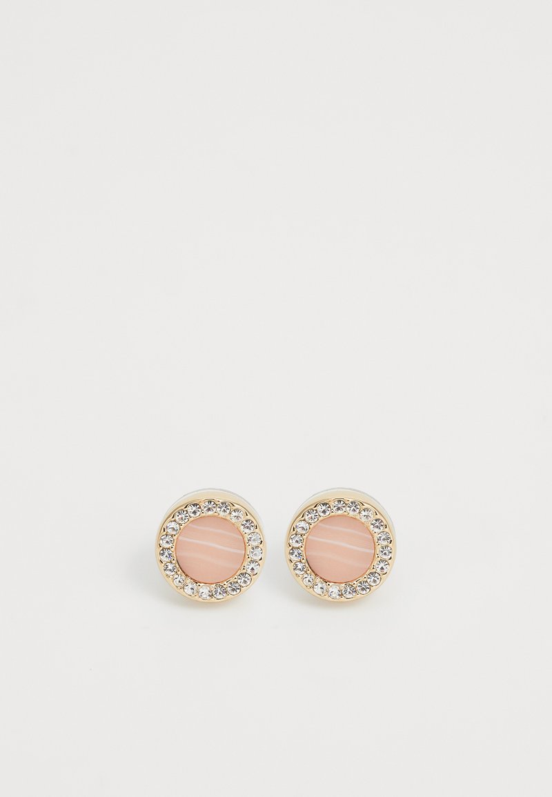 Gold-tone stud earrings featuring a central pink stone surrounded by a ring of clear crystals, circular shape, smooth surface, and polished finish.