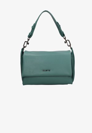 Taschenhandtasche aus teal-farbenem Leder mit einem Umschlag-Design, verstellbarem Schulterriemen und Metallbeschlägen. Auf der Vorderseite ist ein dezentes Logo zu sehen.