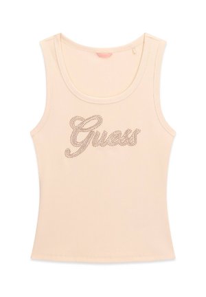 Débardeur beige côtelé sans manches avec encolure dégagée et "Guess" écrit en strass sur la poitrine.