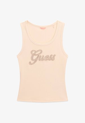 Beiges geripptes ärmelloses Tanktop mit tiefem Rundhalsausschnitt und "Guess" in Strasssteinen auf der Brust geschrieben.