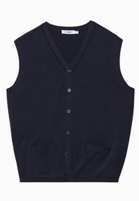 Námořnická modrá bezrukávová kardigán vyrobený z pleteného materiálu, s výstřihem do V, předním zapínáním na knoflíky a dvěma předními kapsami.