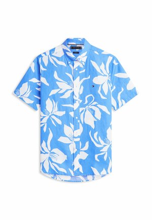 Camicia blu a maniche corte con bottoni, stampa floreale bianca grande e piccolo logo Tommy Hilfiger sul petto.