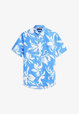 Blaues kurzärmeliges Hemd mit weißen großen Blumenmuster und einem kleinen Tommy Hilfiger Logo auf der Brust.