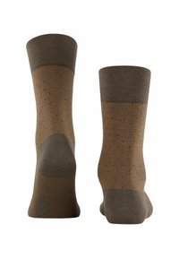 Brown socks with a herringbone pattern, featuring a darker reinforced toe and cuff, made from a smooth, textured fabric.