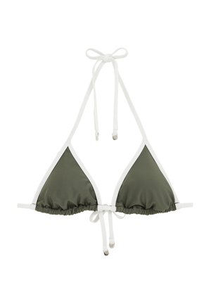 Bikini gornji dio u maslinasto zelenoj boji s bijelim detaljima. Posjeduje podesive kravate i naboranu tkaninu na dnu. Glatka tekstura, minimalistički dizajn.
