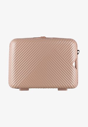 Custodia per laptop in rosa dorato realizzata in materiale testurizzato, con scanalature diagonali, un accento triangolare e una zip curva.