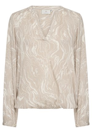 Blouse à manches longues beige avec un motif de marbrure abstrait blanc, dotée d'un décolleté en V et d'un ourlet élastiqué. Fabriquée en tissu léger.
