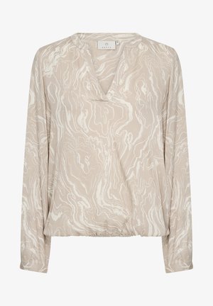 Beige pikendusega pluus valgete abstraktsete marmoreerimismustritega, millel on V-kaelus ja elastne alumine serv. Valmistatud kergest kangast.