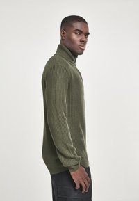 Suéter de color verde oliva, acanalado, con cuello alto. Fabricado en tejido texturizado, con mangas largas y una silueta ajustada.