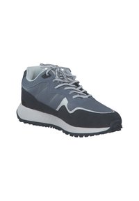 Gray athletic shoe with a mix of smooth and textured materials, featuring contrasting white and dark accents, round laces, and rubber outsole.