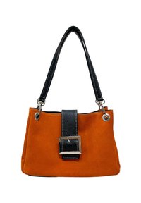 Borsa a tracolla in suede arancione con manico in pelle nera e dettagli con fibbia, finiture in argento e cuciture bianche a contrasto.