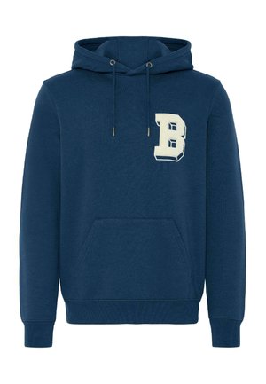 Sweat à capuche bleu marine avec poche kangourou avant et un écusson blanc en forme de lettre "B" sur la poitrine gauche.