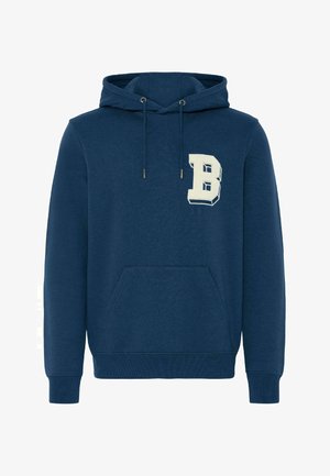 Sweat à capuche bleu marine avec poche kangourou avant et un écusson blanc en forme de lettre "B" sur la poitrine gauche.