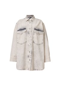 Veste en jean gris clair à manches longues avec boutons sur le devant et deux grandes poches poitrine avec rabats et fermetures pression.