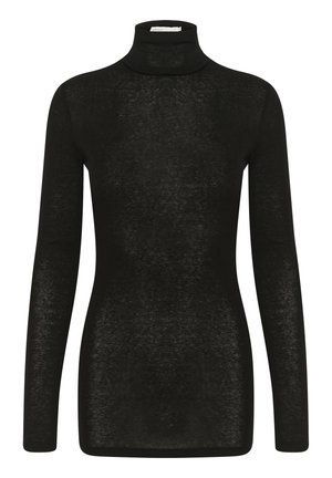 Top negru cu guler înalt, realizat dintr-un material ușor și transparent. Are mâneci lungi și un design ajustat, cu cusături netede.