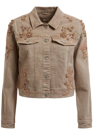 Beige denimjakke med knapper foran, brystlommer og blomsterbroderi med perle- og palietbesætninger på brystet, ærmerne og taljen.
