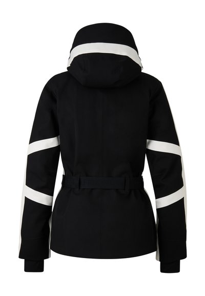 Schwarze Kapuzenjacke mit weißen Streifen an den Ärmeln und der Kapuze, tailliert, von hinten vor einem weißen Hintergrund gezeigt.