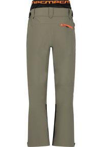 Leichte, olivgrüne Outdoor-Hosen mit einem schwarzen Bund, orangefarbener Reißverschlussakzent und schlankem Schnitt mit schwarzen Einsätzen an den unteren Beinen.