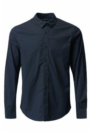 Camicia slim-fit a maniche lunghe di un blu navy scuro. Presenta un colletto button-down, una chiusura frontale completa con bottoni e una texture del tessuto liscia. Nessun motivo visibile.