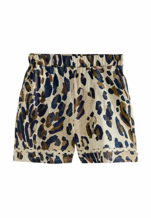 Shorts en imprimé léopard avec une taille élastiquée. Le tissu présente des couleurs beige, marron et bleu marine dans des motifs animaliers. L'ourlet est fini avec une bordure décorative.