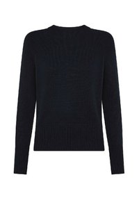 Maglione nero a maniche lunghe lavorato a maglia con polsini e orlo a coste, dotato di un semplice scollo rotondo e una silhouette aderente.